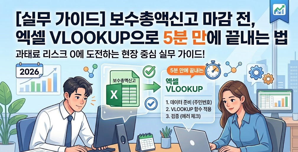 2026년 보수총액신고 마감 대비 실무 가이드. 엑셀 VLOOKUP 함수를 사용하여 5분 만에 데이터를 대조하고 업무 효율을 극대화하는 방법을 설명하는 전문적인 비즈니스 썸네일 이미지.