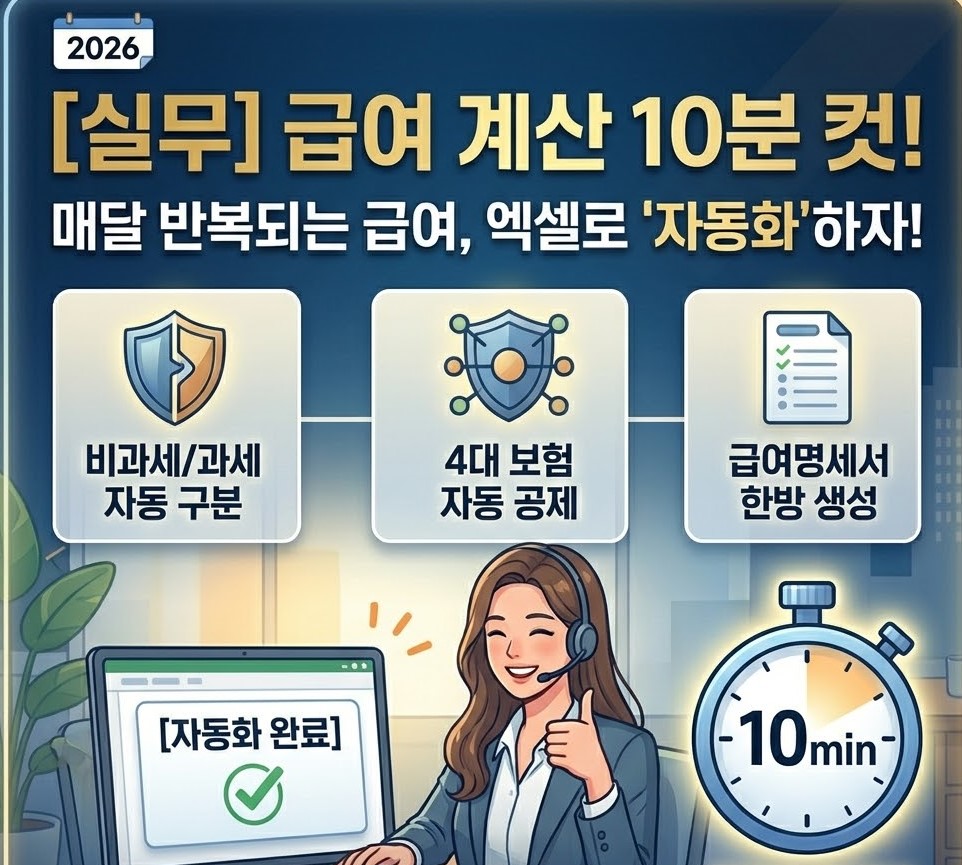 매달 반복되는 급여 계산 업무를 엑셀 자동화 템플릿으로 10분 만에 끝내는 실무 가이드. 비과세/과세 자동 구분, 4대보험 공제, 급여명세서 생성 루틴을 시각화한 비즈니스 정보 이미지.