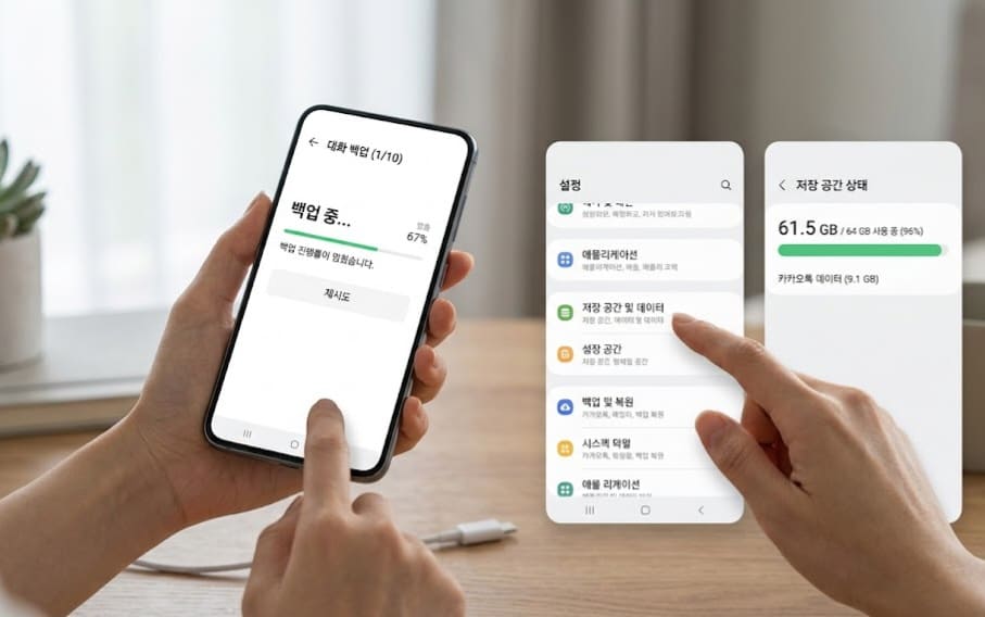 카카오톡 대화 백업 안될 때 저장 공간 부족과 백업 오류를 확인하는 스마트폰 화면