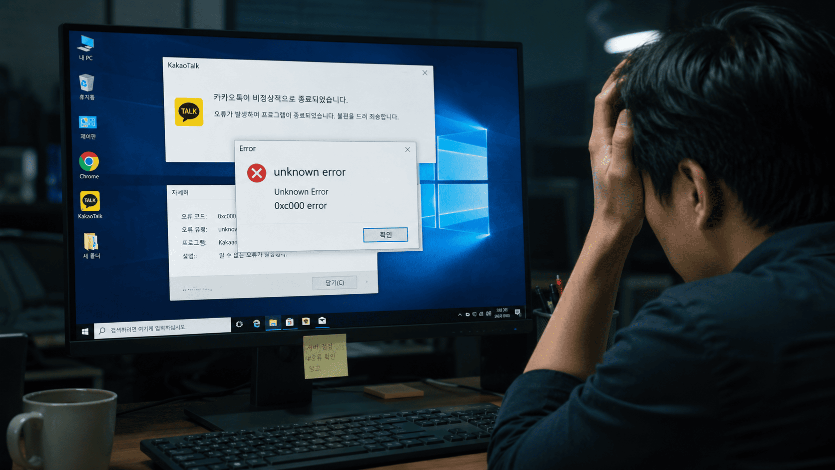 카카오톡 PC 오류 코드 unknown error 및 0xc000 오류가 발생한 PC 화면과 해결 상황을 보여주는 이미지