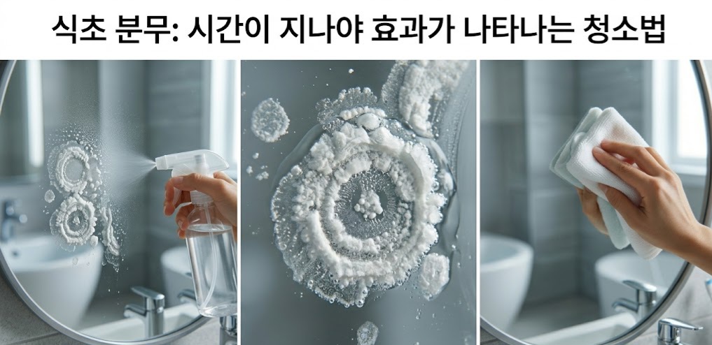 식초 스프레이를 거울에 뿌리고 일정 시간 후 물때가 제거되는 과정 설명 이미지