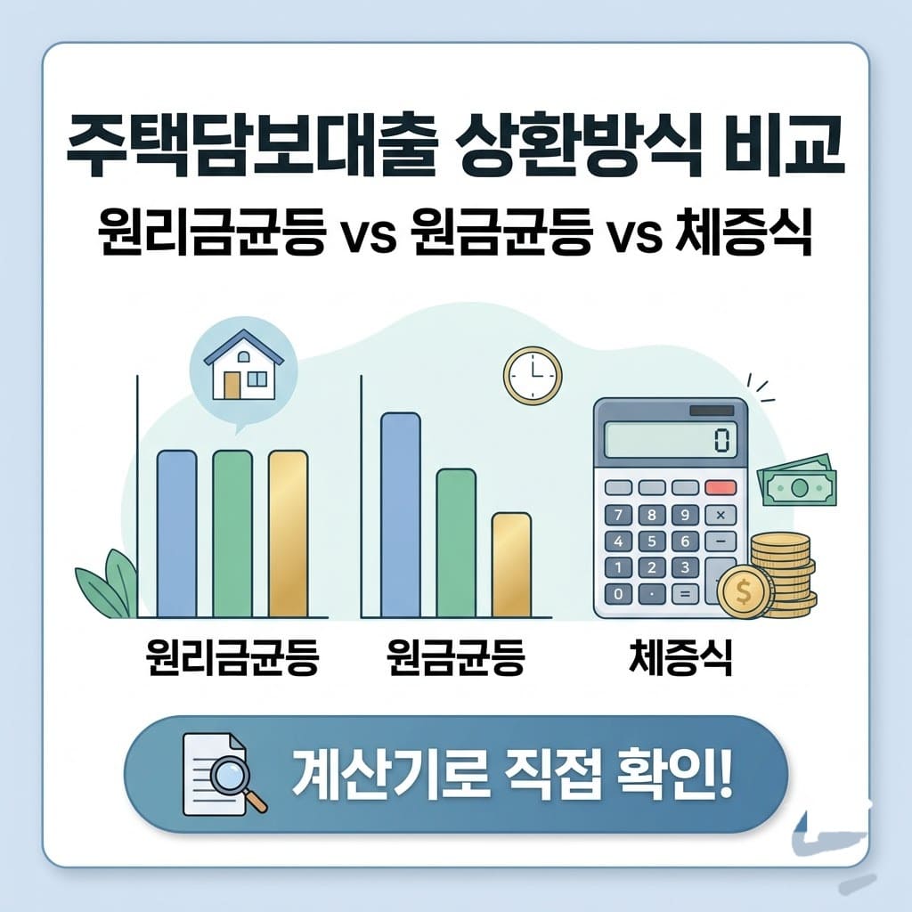 주택담보대출 상환방식 비교 인포그래픽. 원리금균등, 원금균등, 체증식 세 가지 방식의 특징과 계산기 아이콘이 포함된 1:1 비율 정사각형 대표 썸네일 이미지