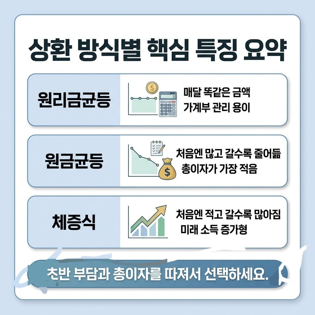 주택담보대출 상환방식별 핵심 특징을 정리한 인포그래픽. 원리금균등, 원금균등, 체증식의 특징을 비교한 이미지