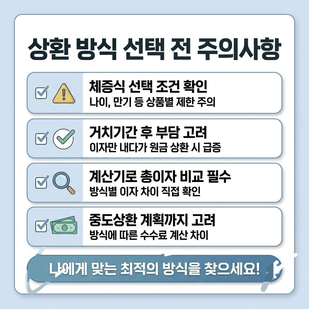 주택담보대출 상환방식 선택 전 체크리스트. 체증식 조건과 거치기간 종료 후 상환액, 대출 계산기, 중도상환 관련 확인사항을 정리한 이미지