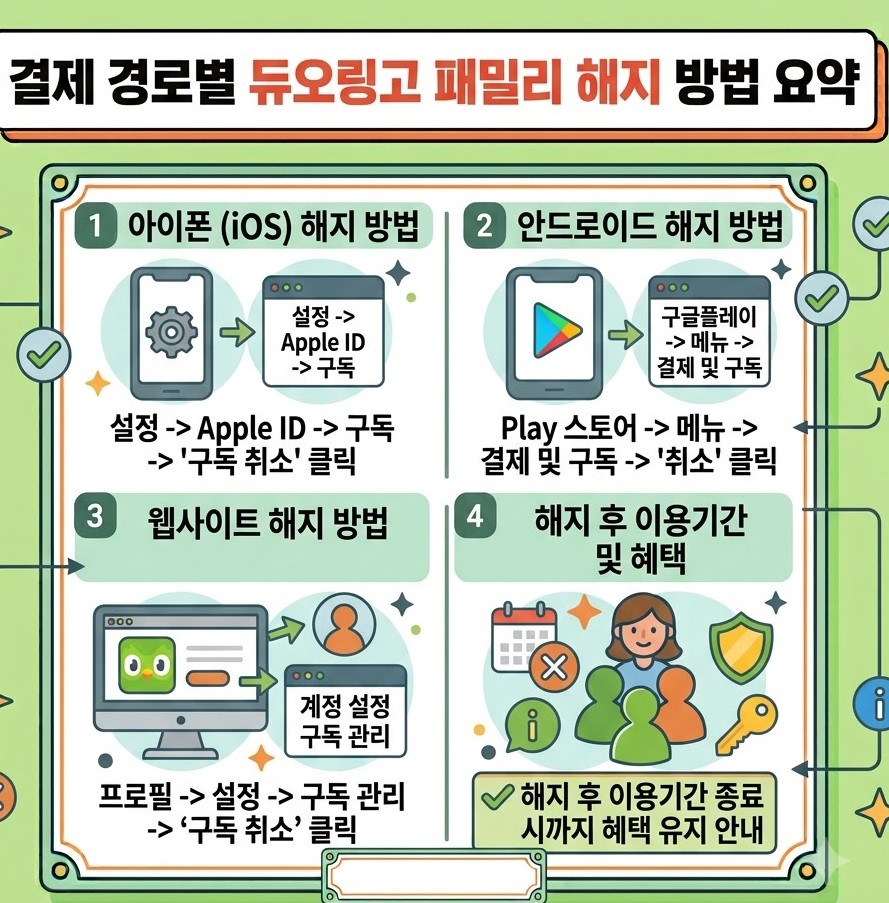 1. 아이폰(설정 - Apple ID - 구독), 2. 안드로이드(구글플레이 - 결제 및 구독), 3. 웹사이트(계정 설정 - 구독 관리), 4. 해지 후 이용기간 종료 시까지 혜택 유지 안내가 정리된 1:1 정사각형 카드뉴스 이미지