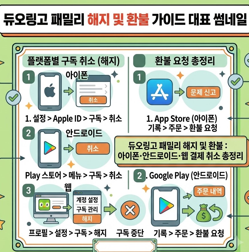 스마트폰 화면과 구독 취소 아이콘, '듀오링고 패밀리 해지 및 환불: 아이폰·안드로이드·웹 결제 취소 총정리' 문구가 담긴 1:1 정사각형 대표 썸네일