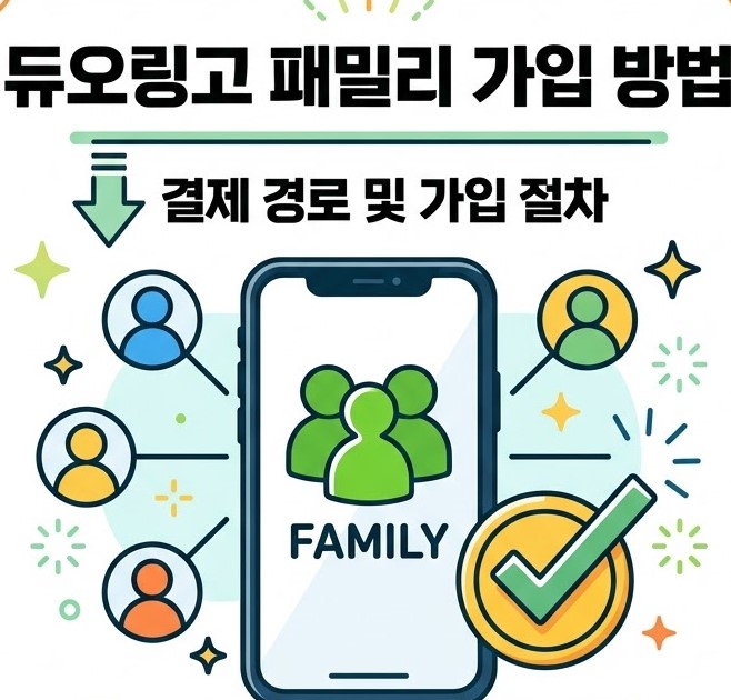 스마트폰과 결제 체크 아이콘, '듀오링고 패밀리 가입 방법: 결제 경로 및 가입 절차' 문구가 포함된 1:1 정사각형 대표 썸네일 이미지