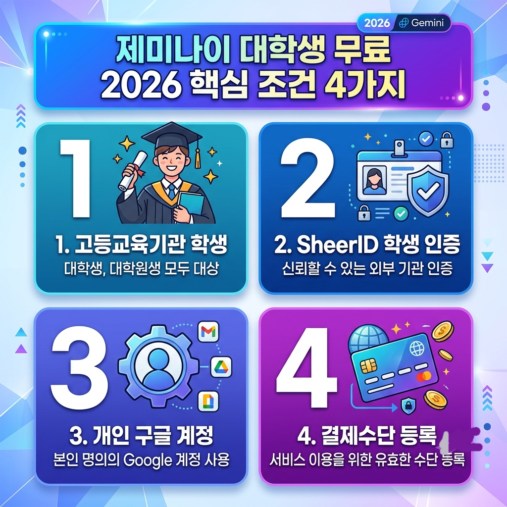 2026 구글 제미나이 대학생 무료 신청 핵심 조건 4가지 인포그래픽
