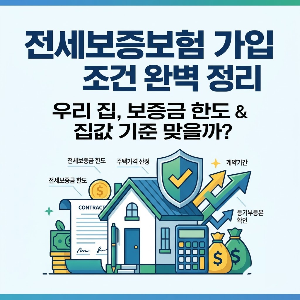 전세보증보험 가입 조건 완벽 정리 썸네일 이미지. 보증금 한도, 집값 산정 기준, 계약기간, 등기부등본 확인 등 핵심 가입 요건을 보여주는 정사각형 정보형 인포그래픽.