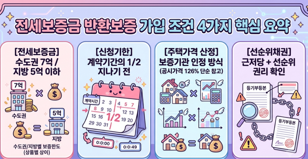 전세보증보험 가입 핵심 기준 4가지를 정리한 인포그래픽 카드뉴스. 전세보증금 한도(수도권 7억·지방 5억 이하), 신청기한(계약기간 1/2 이전), 주택가격 산정 방식, 선순위채권 확인 항목 포함.