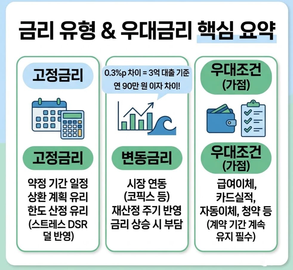 고정·변동·혼합 금리의 차이점과 급여이체, 카드실적 등 계약 기간 내내 유지해야 하는 우대금리 조건, 스트레스 DSR 한도 영향을 요약한 1:1 정사각형 카드뉴스 이미지.