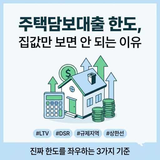 주택담보대출 한도를 결정하는 LTV, DSR, 규제지역 집값별 대출 상한선 등 3가지 핵심 기준을 설명하는 1:1 정사각형 인포그래픽 썸네일 이미지.