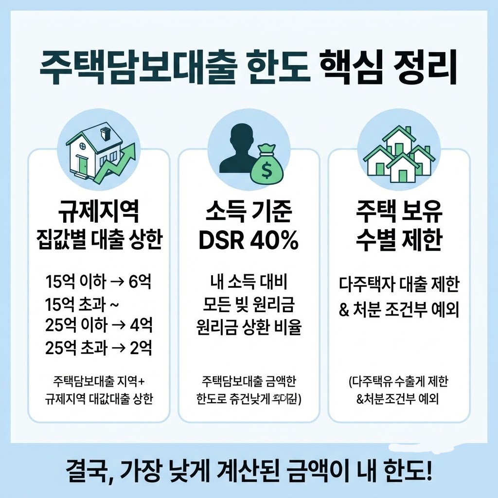 규제지역 집값 구간별 대출 상한선과 DSR 40% 소득 기준을 비교 정리한 주택담보대출 한도 요약 인포그래픽