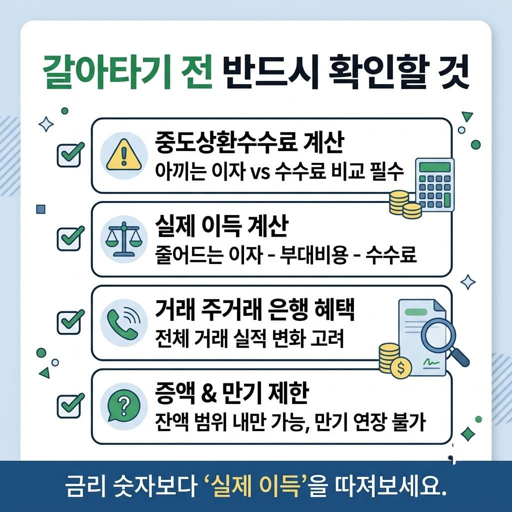주택담보대출 갈아타기 전 주의해야 할 4가지 필수 체크리스트 인포그래픽