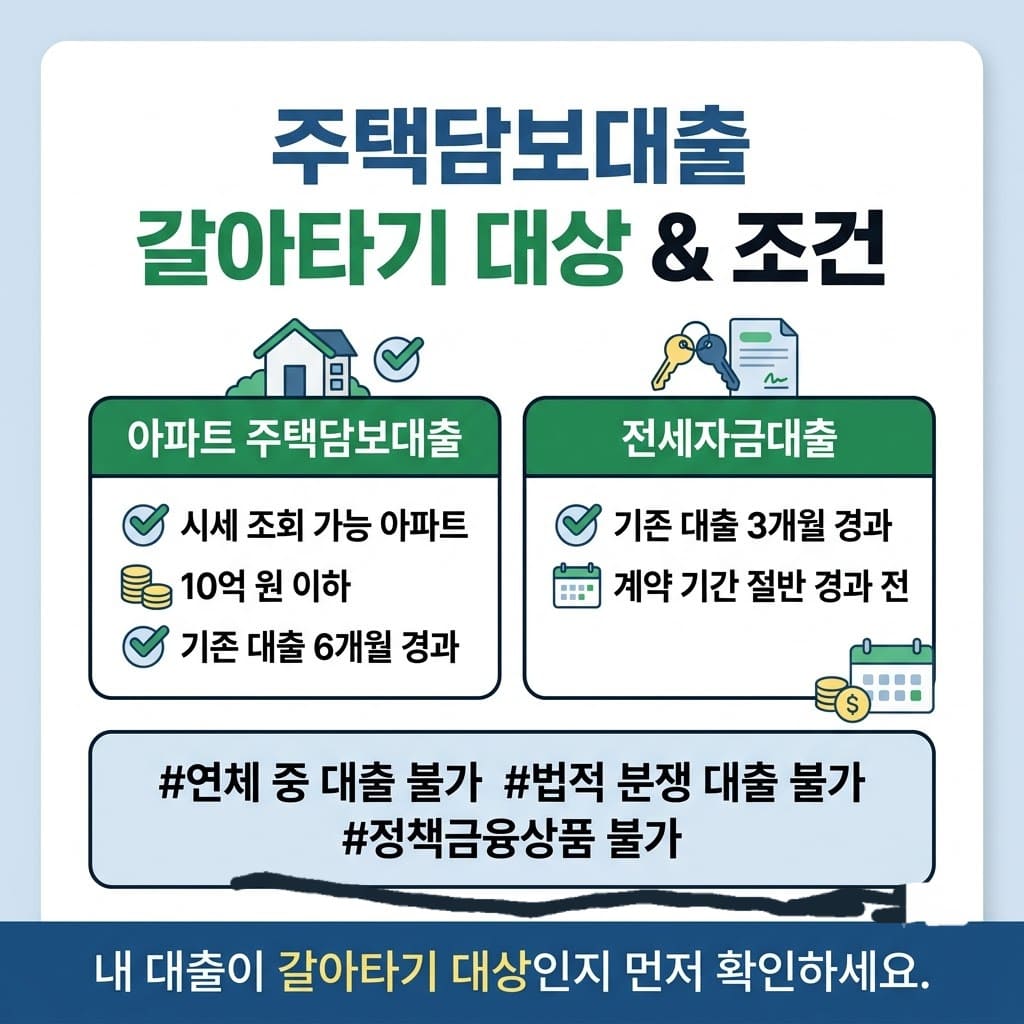 주택담보대출과 전세자금대출의 갈아타기 대상 자격 요약 인포그래픽