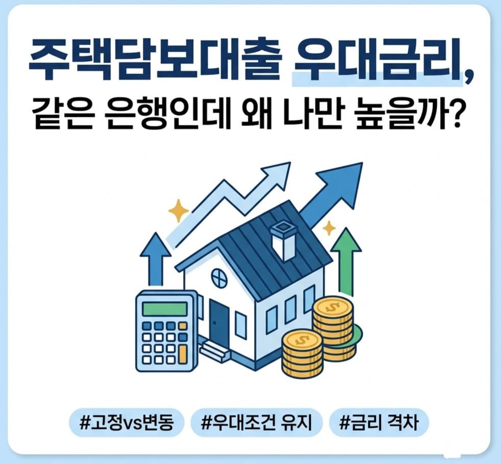 같은 은행 주택담보대출이라도 우대금리 조건과 금리 유형(고정·변동·혼합)에 따라 적용 금리가 달라지는 이유를 설명하는 1:1 정사각형 인포그래픽 썸네일 이미지.
