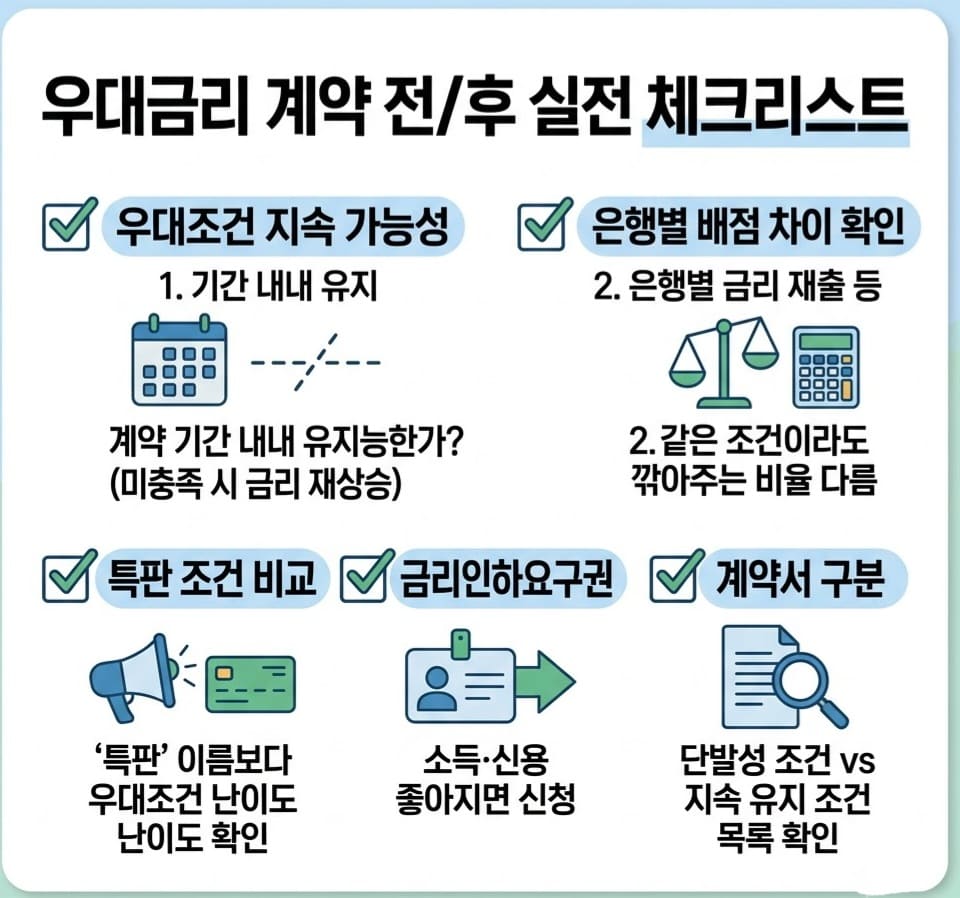 주택담보대출 우대조건의 지속 가능성, 은행별 배점 차이, 특판 조건, 금리인하요구권, 계약서 확인 포인트 등 5가지 실전 체크 포인트를 담은 1:1 정사각형 인포그래픽.
