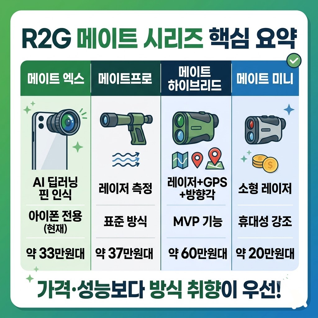 R2G 메이트 시리즈 4종 핵심 요약 표. 메이트 엑스(약 33만원대, AI 핀 인식), 메이트프로(약 37만원대, 표준 레이저), 메이트 하이브리드(약 60만원대, GPS 및 방향각), 메이트 미니(약 20만원대, 소형)의 특징을 비교한 이미지.