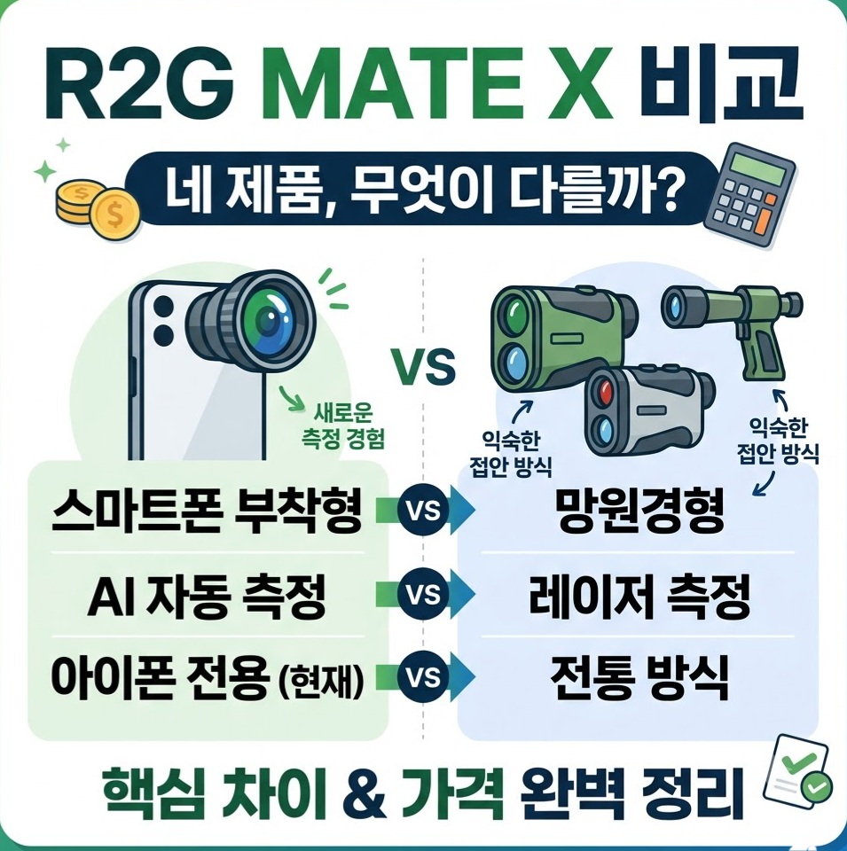 R2G MATE X 비교 인포그래픽. 스마트폰 부착형 AI 자동 측정 방식과 망원경형 전통 레이저 측정 방식의 핵심 차이와 가격을 정리한 1대1 정사각형 썸네일 이미지.