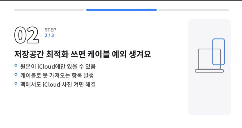 iPhone 저장 공간 최적화 사용 시 케이블로 원본 사진을 가져오지 못하는 예외 상황을 설명하는 카드