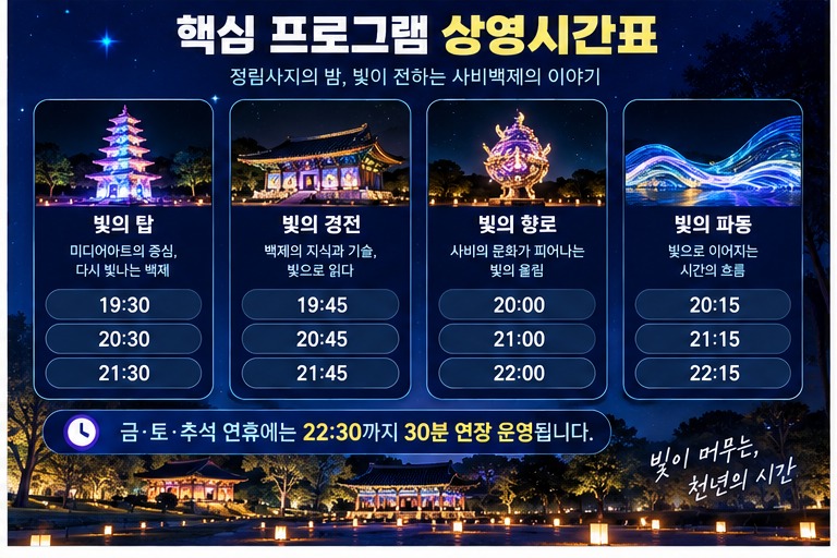 딥블루와 퍼플 계열의 밤하늘 배경에 프로젝션 매핑 느낌을 주는 타임라인 그래픽으로 디자인된 카드뉴스. '핵심 프로그램 상영시간표' 제목 아래 빛의 탑, 빛의 경전, 빛의 향로, 빛의 파동별 구체적인 상영 시간을 본문에 명시된 회차 그대로 아이콘과 함께 정리했다.