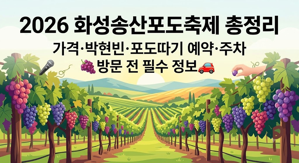 2026 화성송산포도축제의 일정, 포도 가격, 포도따기 체험 예약, 박현빈 공연, 주차 정보까지 한눈에 볼 수 있도록 요약한 블로그 대표 썸네일 이미지