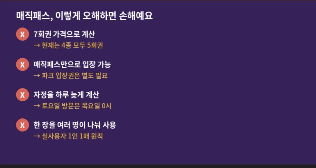롯데월드 매직패스 구매 시 자주 하는 4가지 오해와 실제 정보를 비교한 인포그래픽