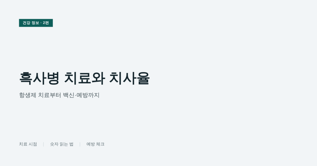 흑사병 치료 핵심 3가지를 번호 태그로 정리한 카드뉴스 이미지, 조기 항생제 치료·검사 전 치료 시작·의료진의 상태별 처방 포함